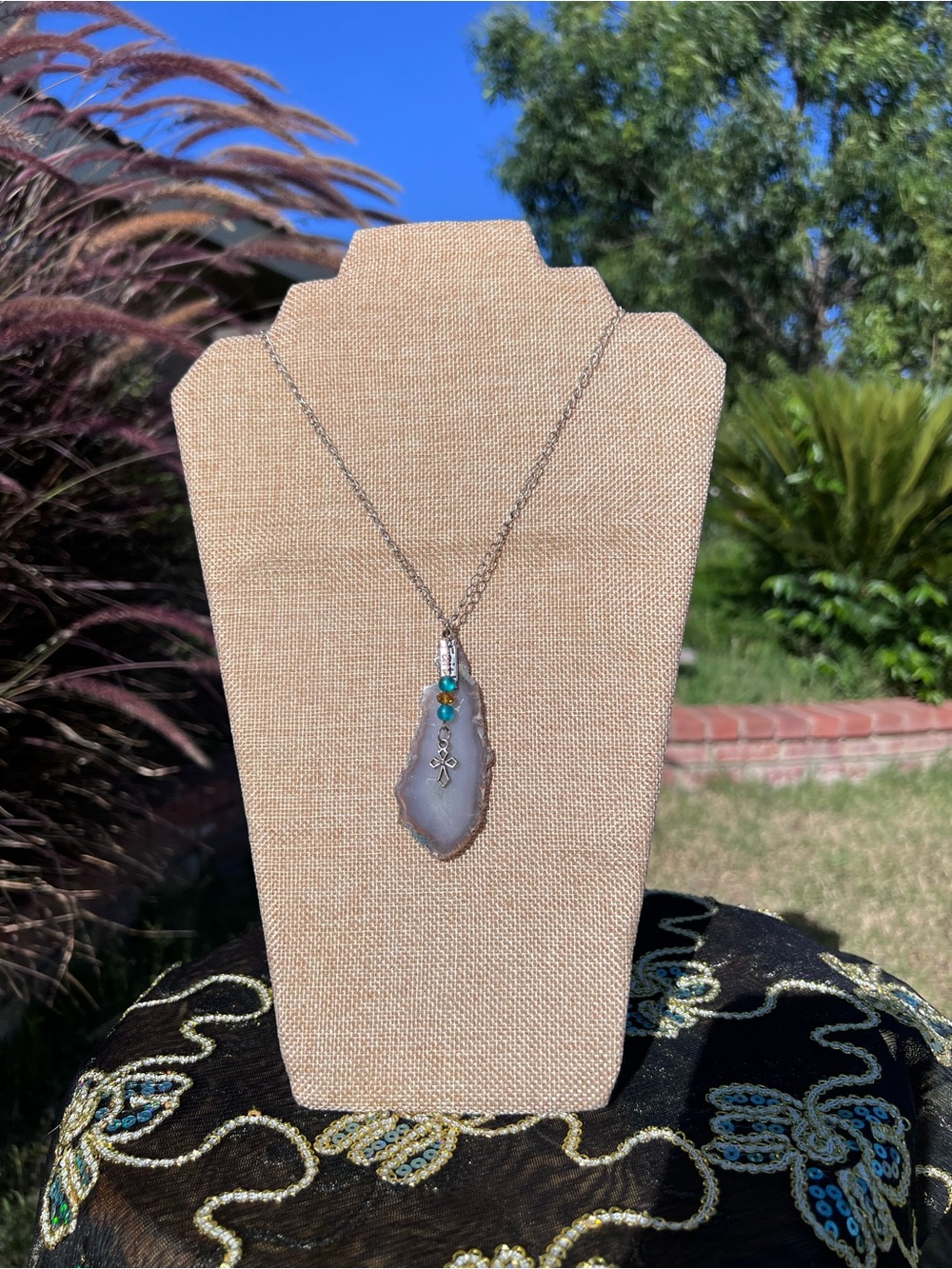 Faith Silver Gray Agate Pendant Necklace with Turquoise Accents